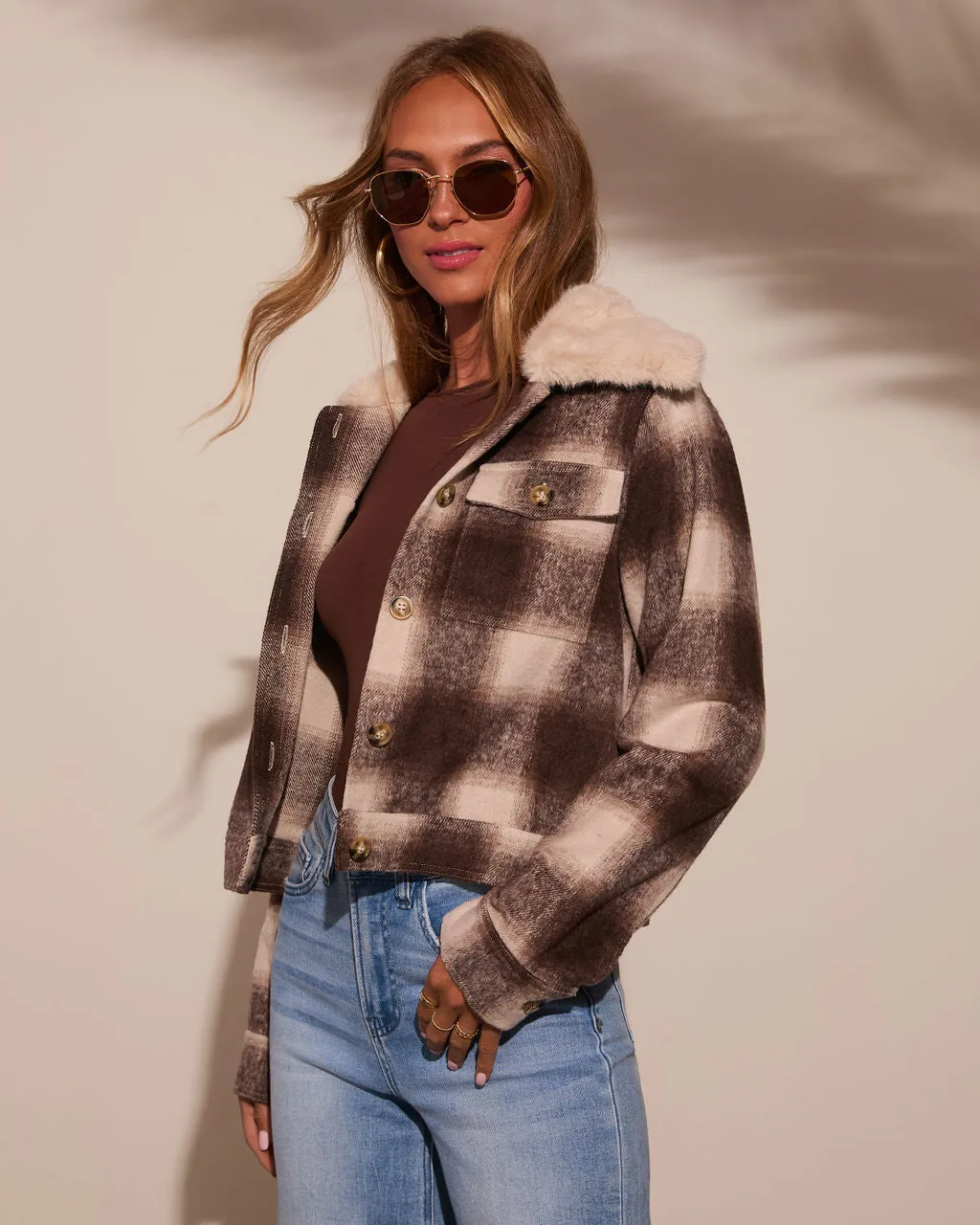 Warm Feels Fur Collar Plaid Jacket sold by Vici product image thumbnail 3