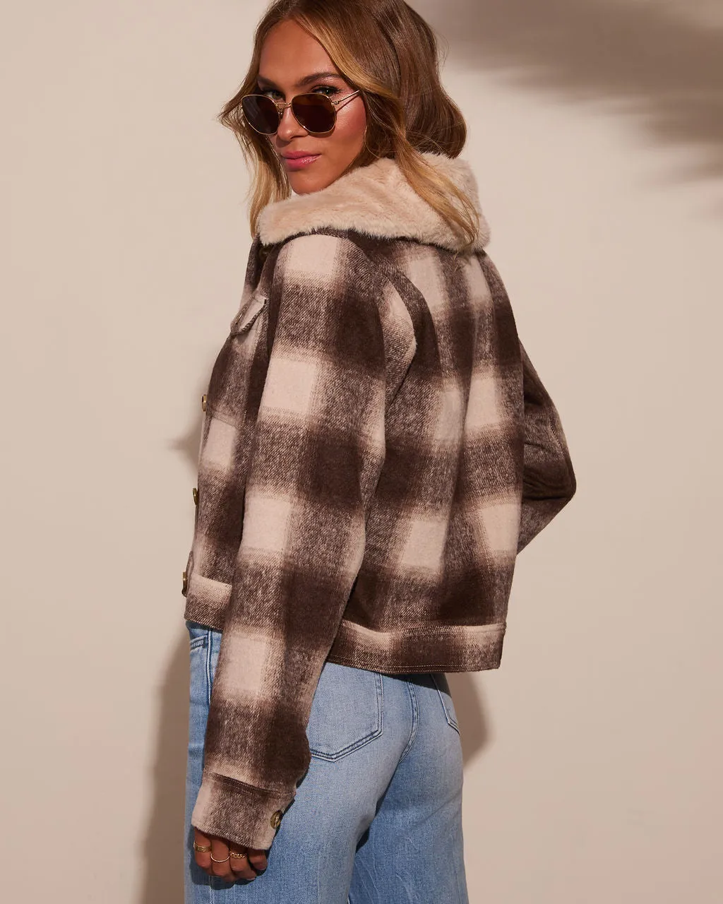 Warm Feels Fur Collar Plaid Jacket sold by Vici product image thumbnail 4