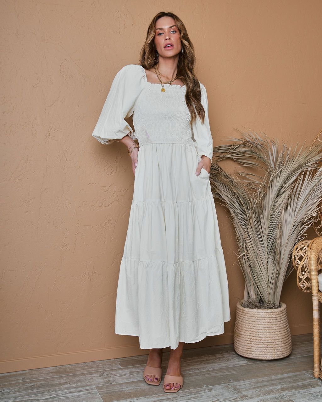 Harper Smocked Pocketed Puff Sleeve Midi Dress sold by Vici