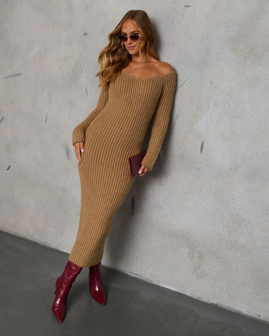 Fit Right In Off Shoulder Midi Sweater Dress sold by Vici