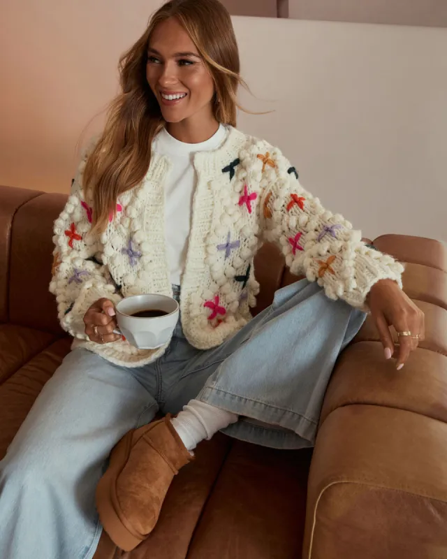 Cozy Moments Embroidered Pom Pom Cardigan sold by Vici