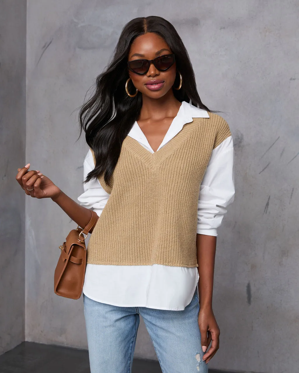 Iced Chai Long Sleeve Sweater Vest Top sold by Vici
