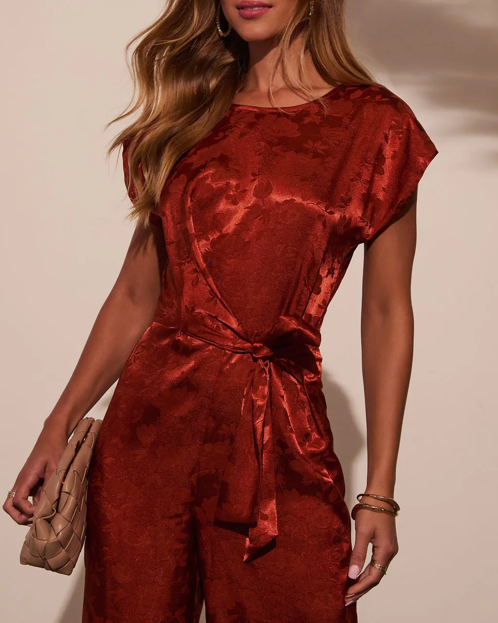 Jackie Satin Jacquard Waist Tie Jumpsuit sold by Vici product image thumbnail 5