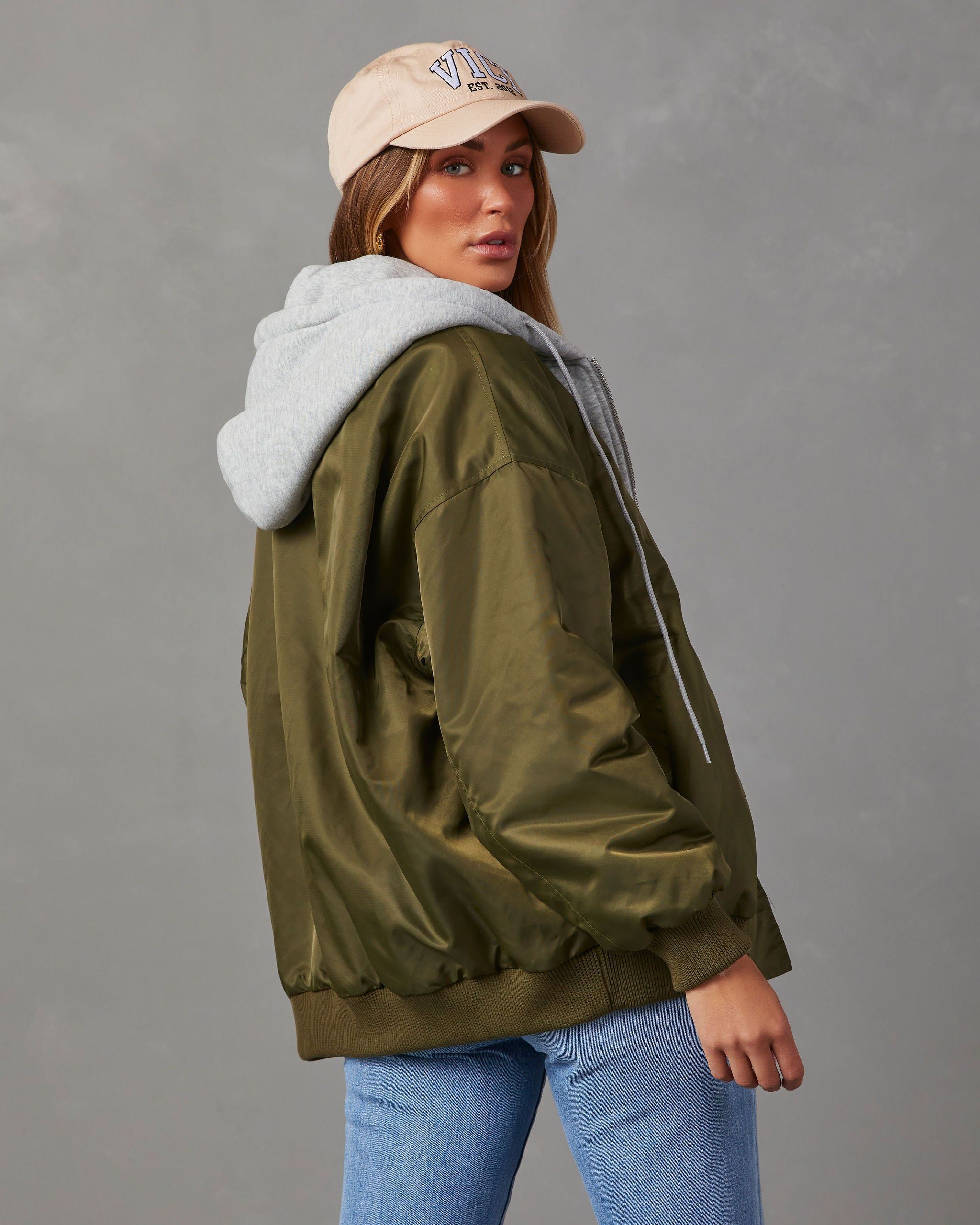 Campus Oversized Hooded Bomber Jacket - Olive/Grey sold by Vici product image thumbnail 4