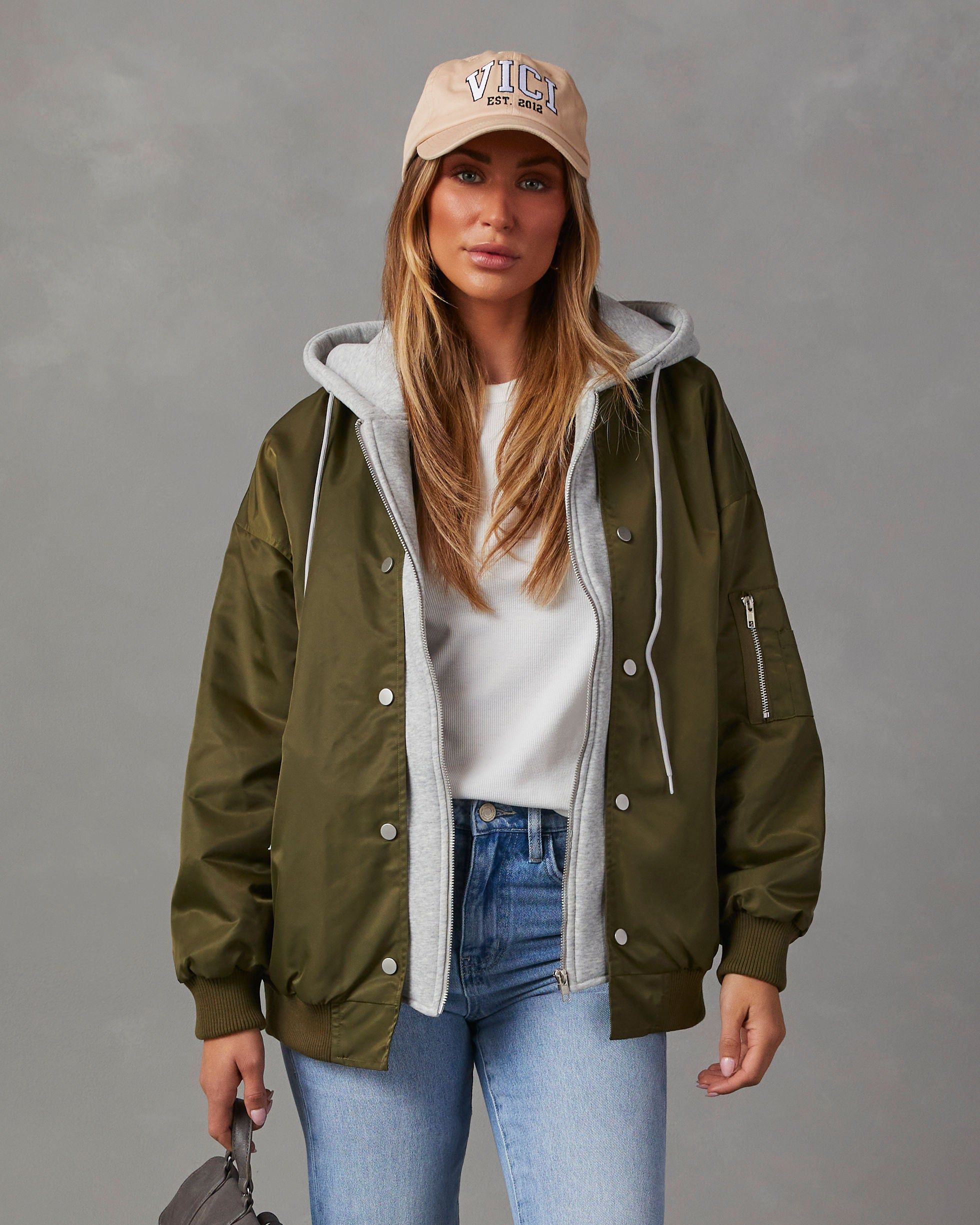 Campus Oversized Hooded Bomber Jacket - Olive/Grey sold by Vici product image thumbnail 5