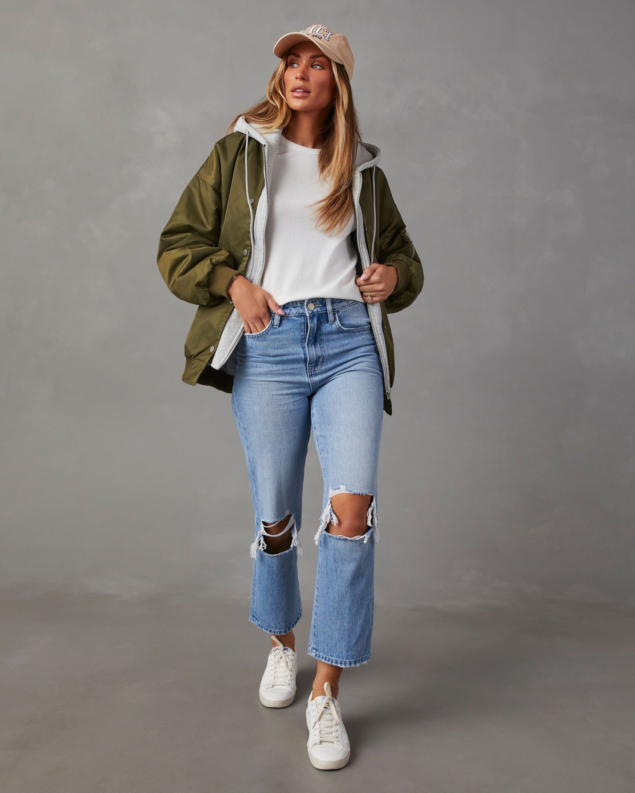 Campus Oversized Hooded Bomber Jacket - Olive/Grey sold by Vici product image thumbnail 6