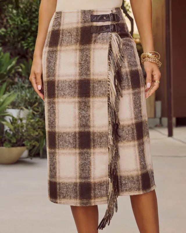 Sweet Warmth Plaid Fringe Trim Midi Skirt sold by Vici