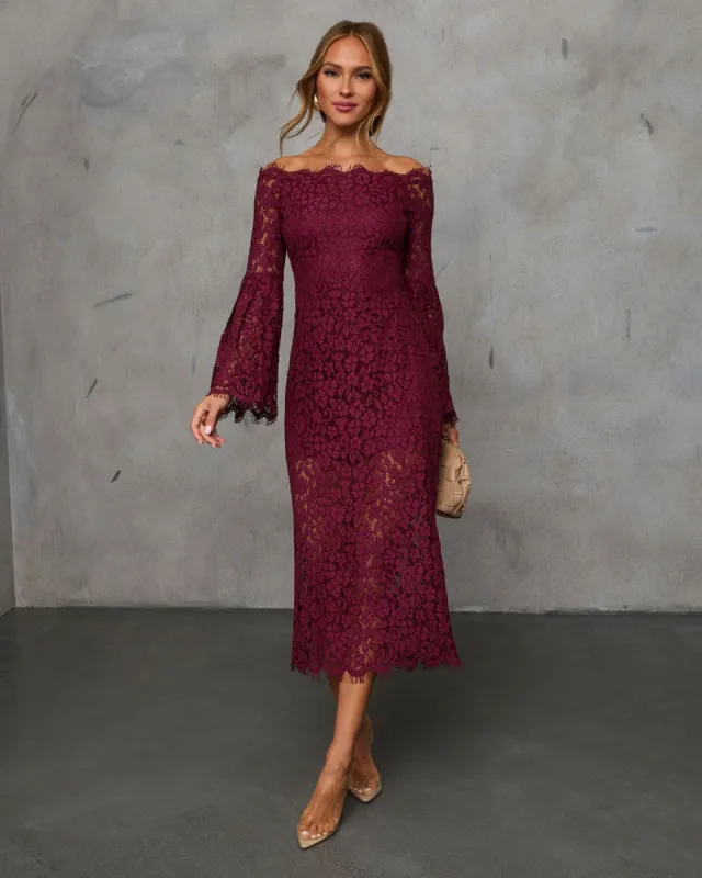 On Your Mind Off Shoulder Lace Midi Dress sold by Vici