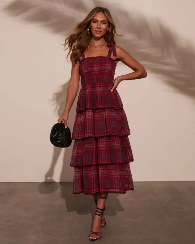 Sway With Me Tiered Plaid Midi Dress made by Vici