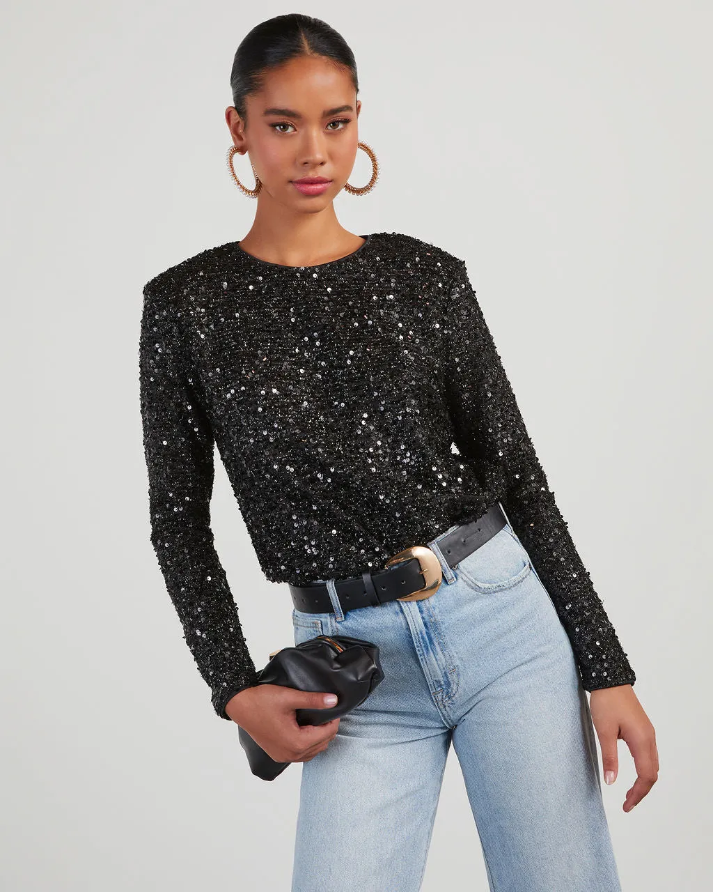 Scarlett Sequin Padded Shoulder Bodysuit sold by Vici