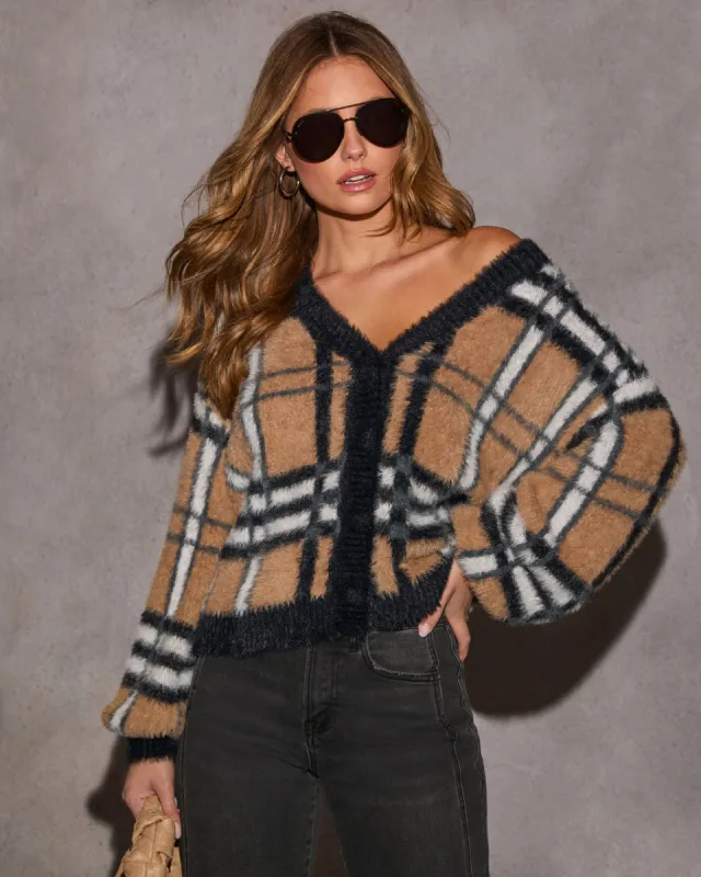 Pick Me Fuzzy Plaid Cardigan sold by Vici