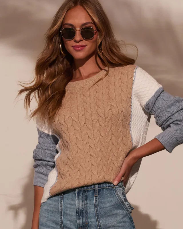 Cozy Moment Tri Color Cable Knit Sweater sold by Vici
