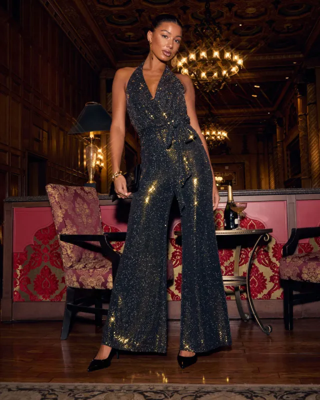 New Beginnings Metallic Halterneck Jumpsuit sold by Vici