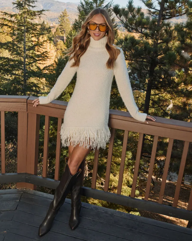Snowfall Muse Fringe Sweater Dress sold by Vici