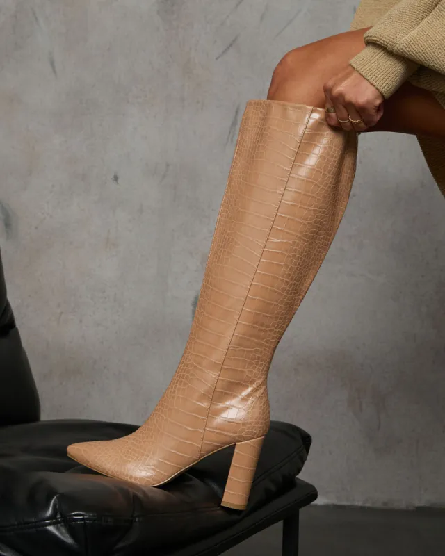 Dahlia Croc Embossed Knee High Boots sold by Vici