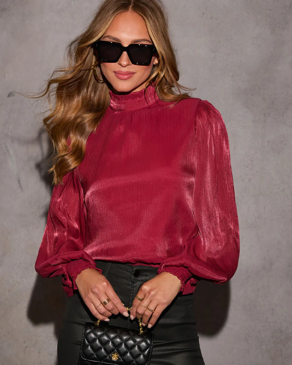 Take Stride Mockneck Satin Blouse sold by Vici