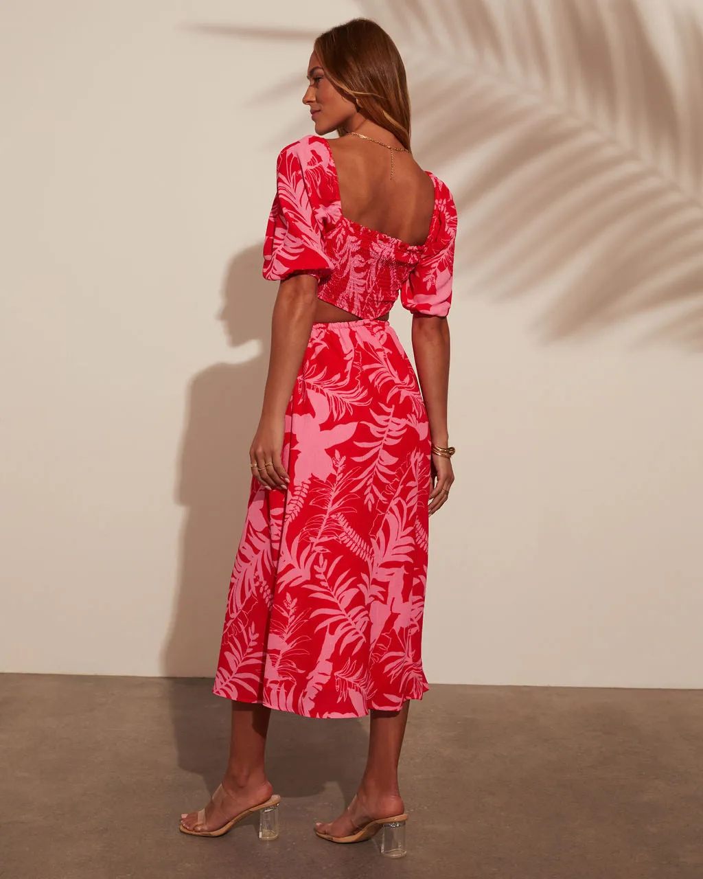 Kalena Tropical Print Cutout Smocked Midi Dress sold by Vici product image thumbnail 4