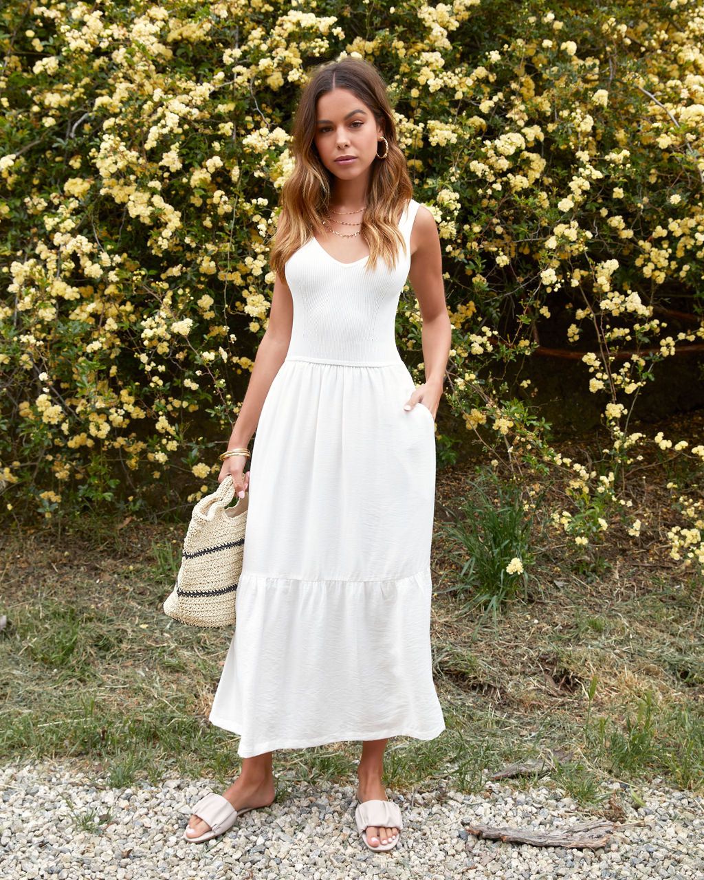 Tasha Knit Tiered Pocketed Maxi Dress - White - FINAL SALE sold by Vici