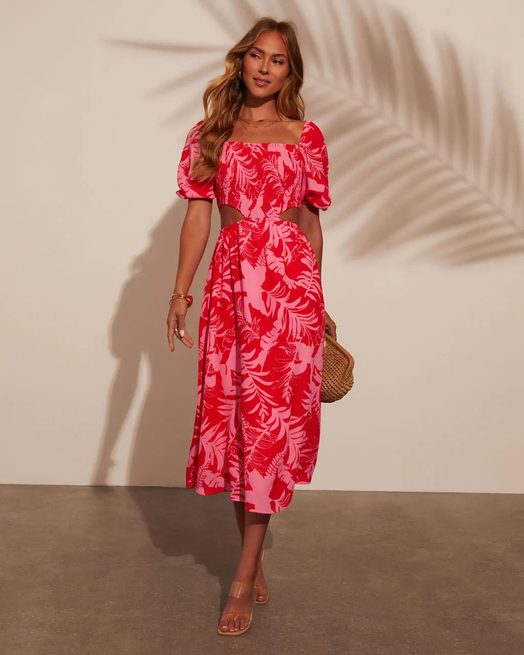 Kalena Tropical Print Cutout Smocked Midi Dress sold by Vici product image thumbnail 5