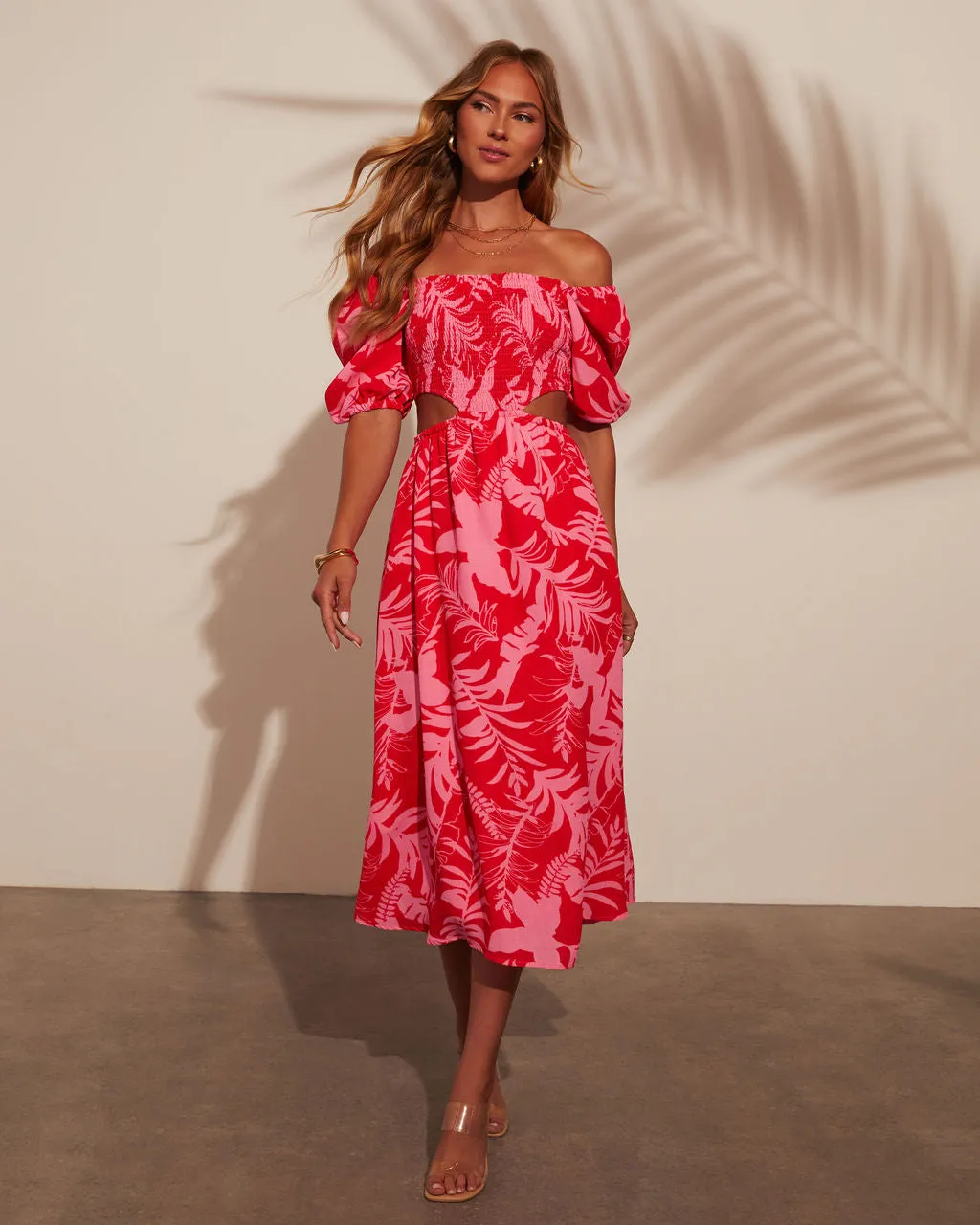 Kalena Tropical Print Cutout Smocked Midi Dress sold by Vici