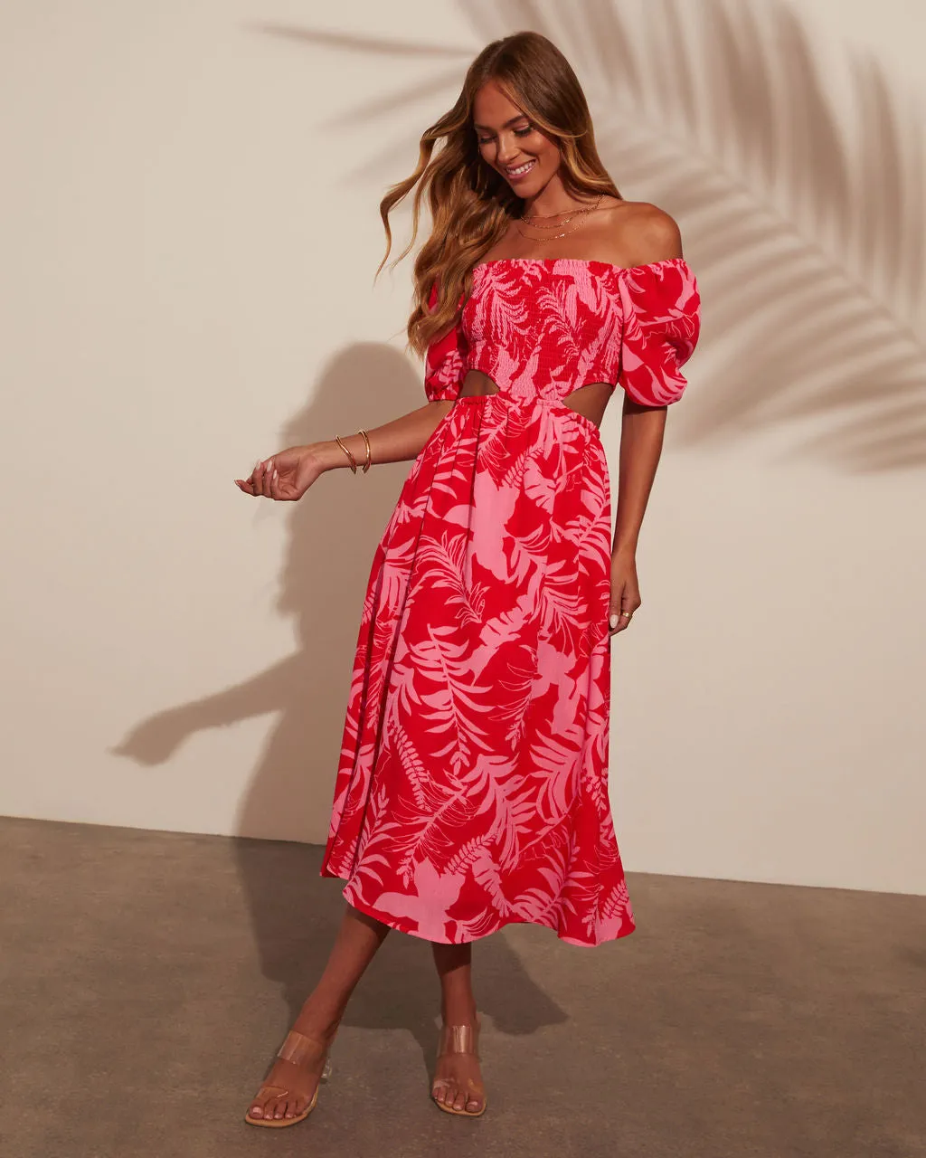 Kalena Tropical Print Cutout Smocked Midi Dress sold by Vici product image thumbnail 3