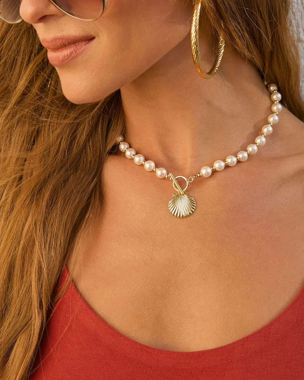Shelly Sea Shell Pendant Pearl Necklace sold by Vici