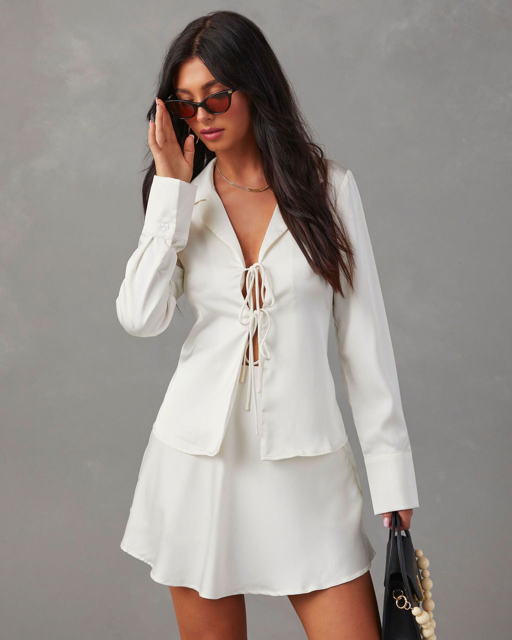 Steal The Spotlight Satin Tie Front Top - Ivory - SALE sold by Vici product image thumbnail 5