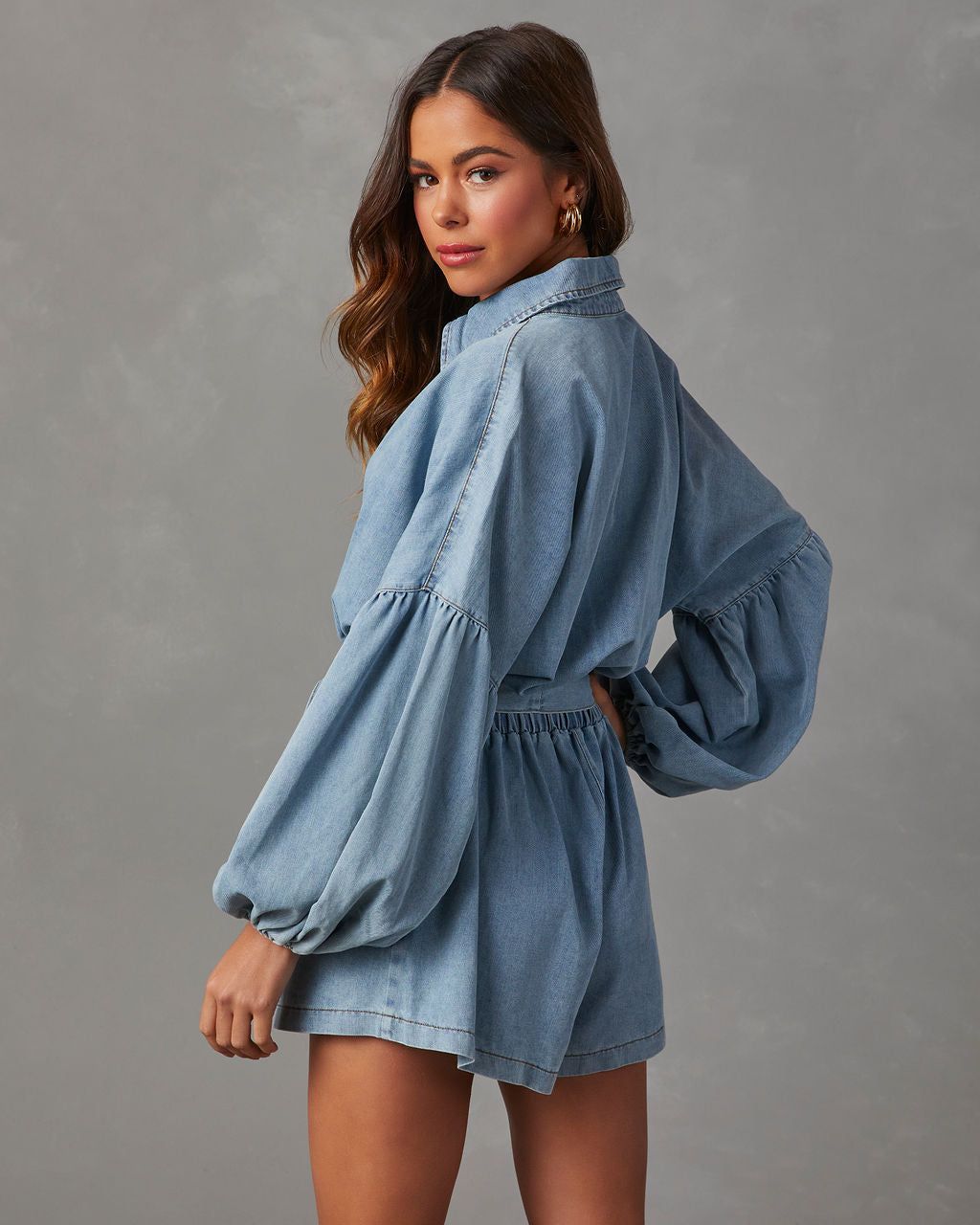 Apple Picking Denim Balloon Sleeve Romper - Denim sold by Vici product image thumbnail 4