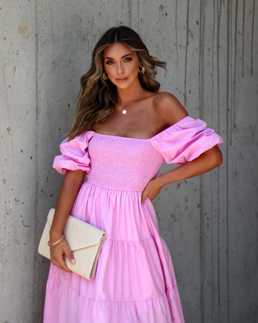 Modena Puff Sleeve Tiered Midi Dress Pink sold by Vici product image thumbnail 6