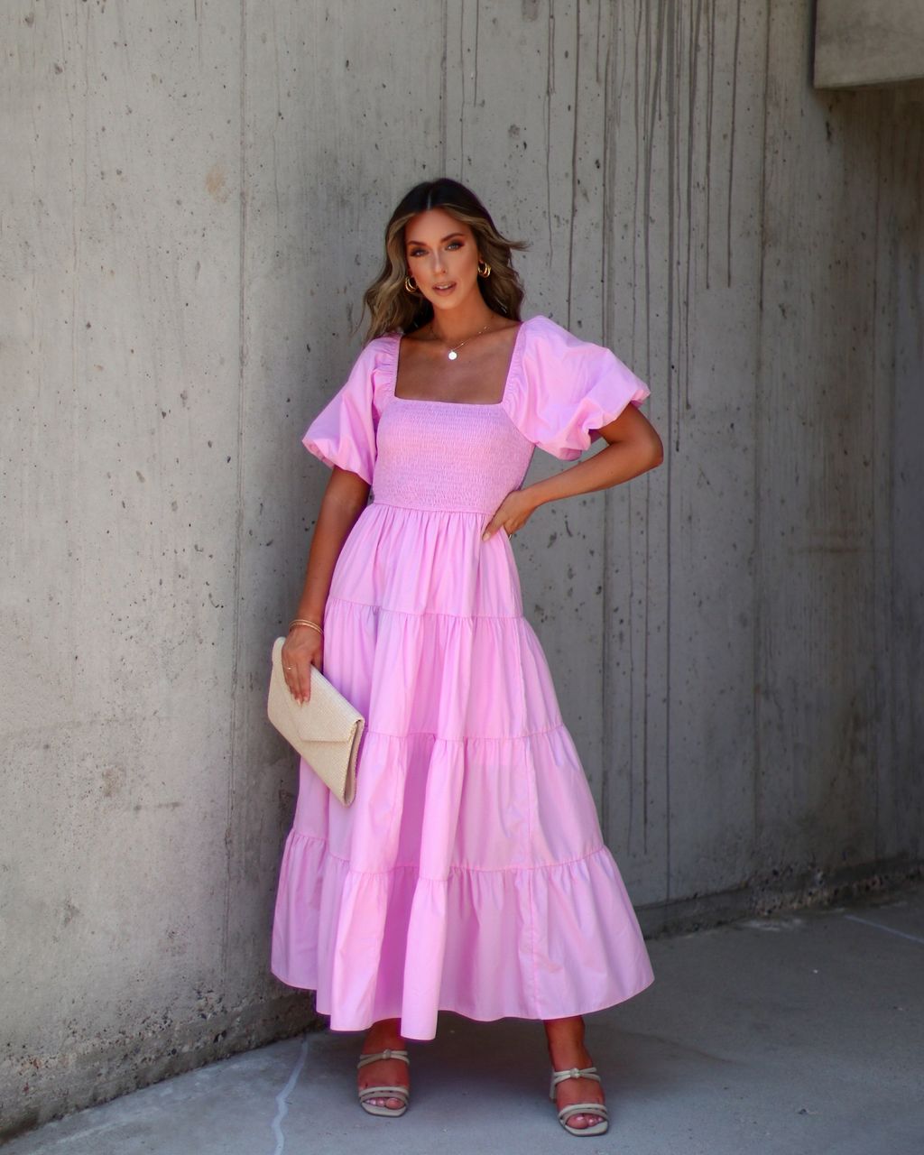 Modena Puff Sleeve Tiered Midi Dress Pink sold by Vici