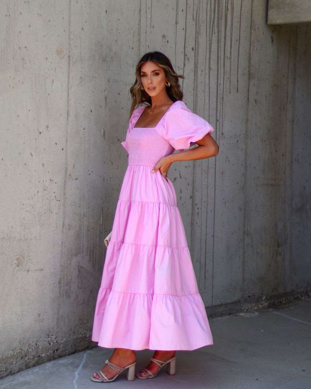 Modena Puff Sleeve Tiered Midi Dress Pink sold by Vici product image thumbnail 4