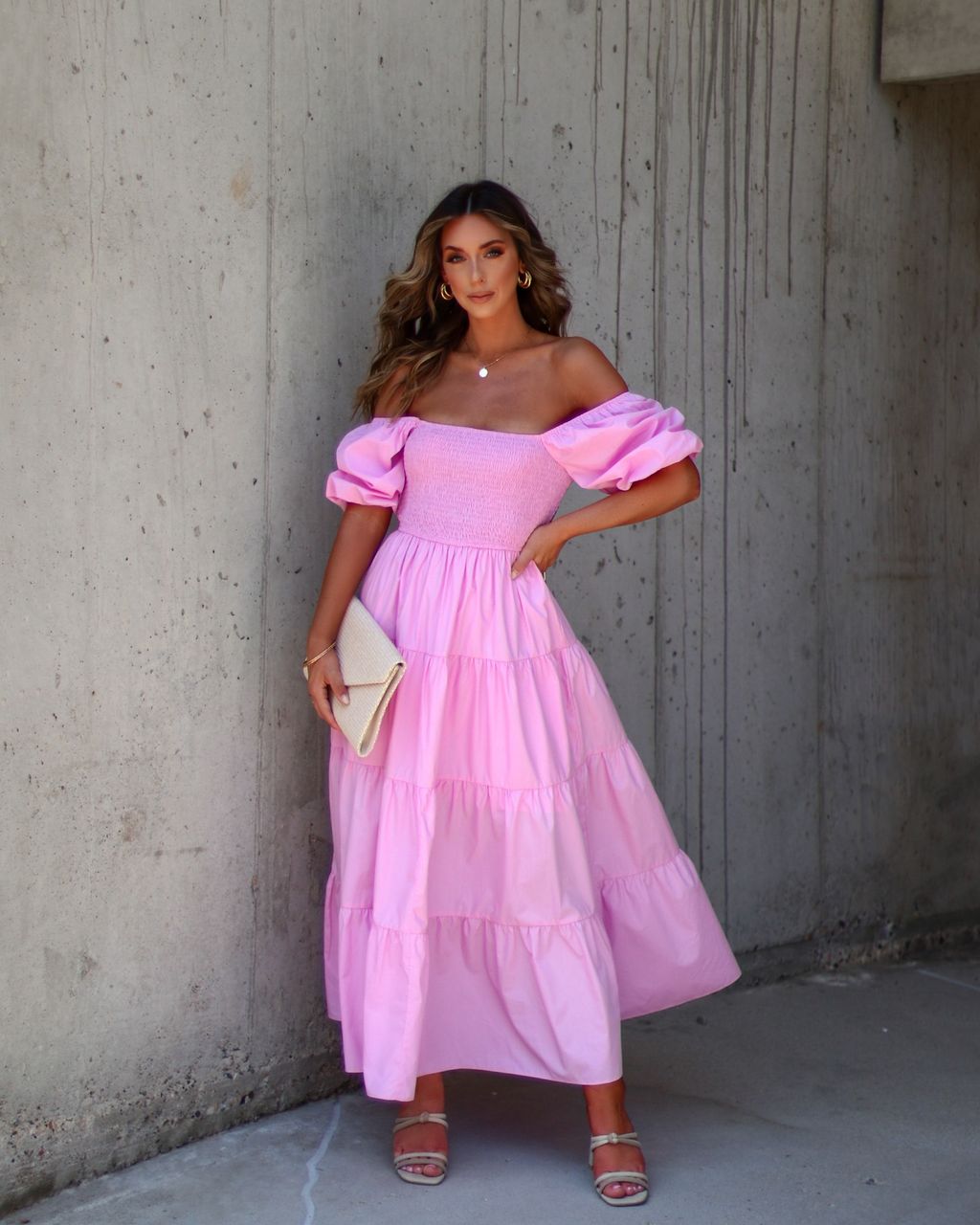 Modena Puff Sleeve Tiered Midi Dress Pink sold by Vici product image thumbnail 7