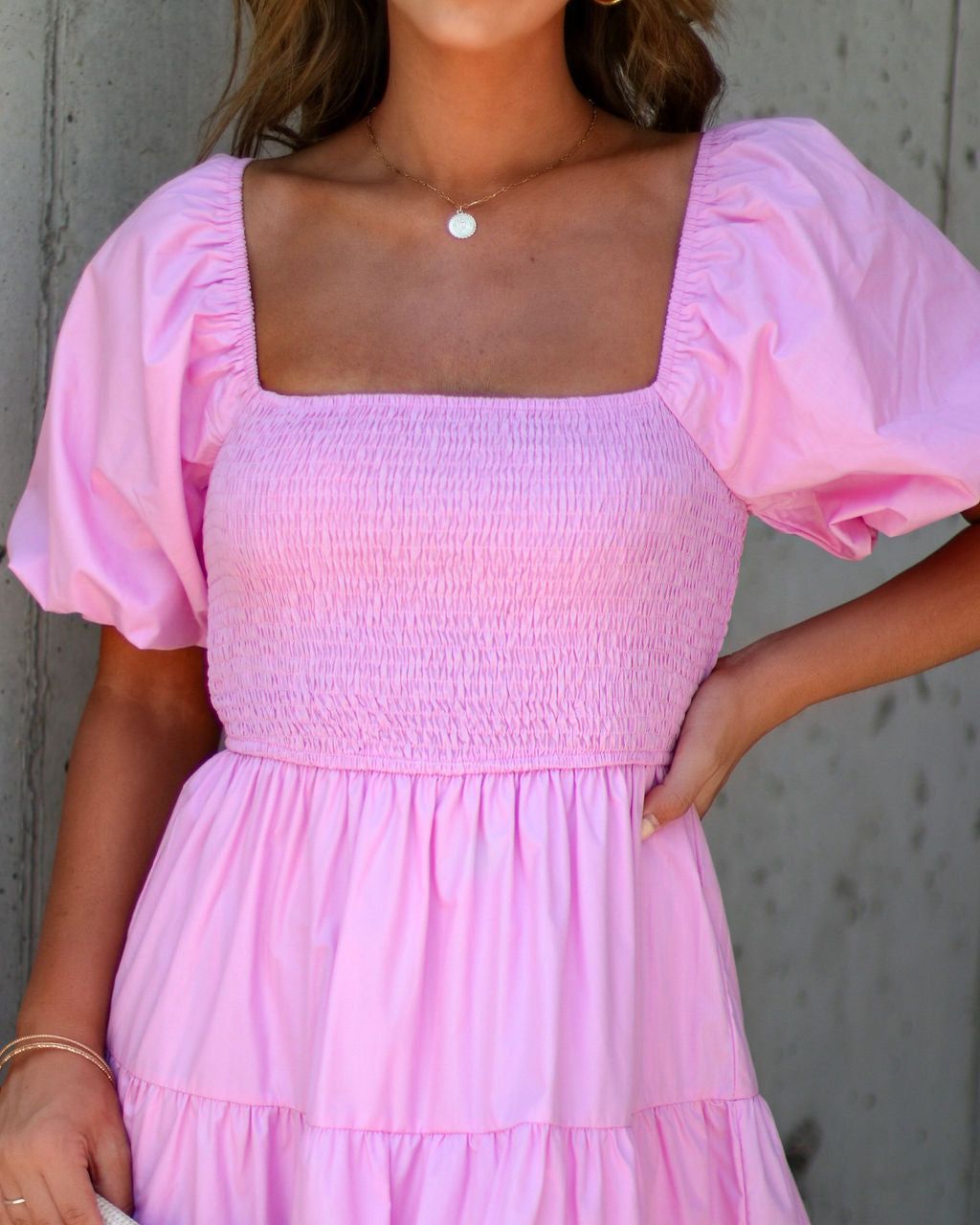 Modena Puff Sleeve Tiered Midi Dress Pink sold by Vici product image thumbnail 3