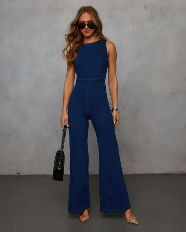 Modern Ease Heart Cut-Out Chambray Jumpsuit sold by Vici