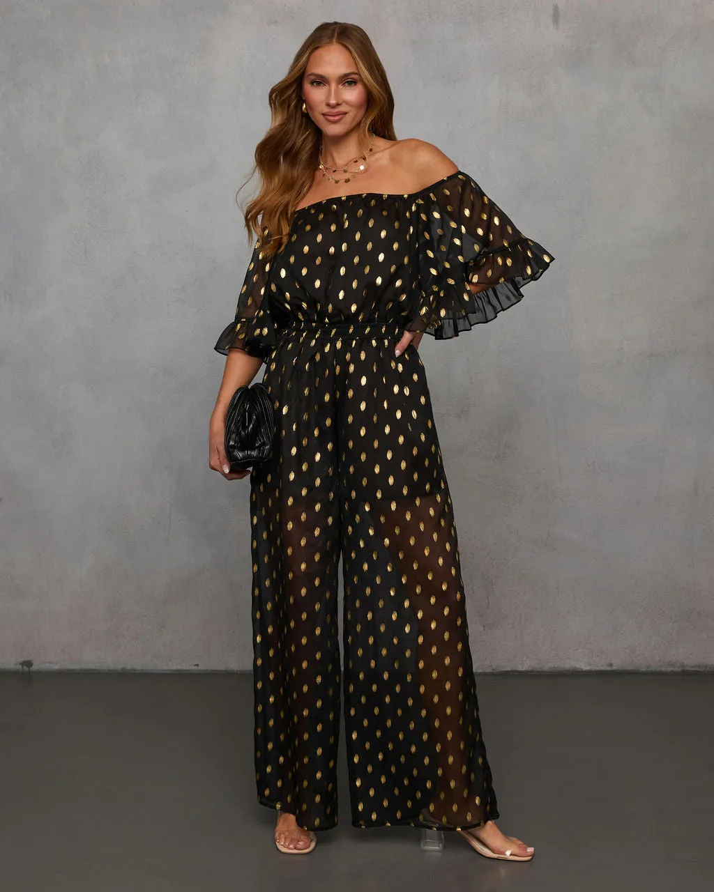 Heartfelt Chiffon Off Shoulder Jumpsuit sold by Vici product image thumbnail 5