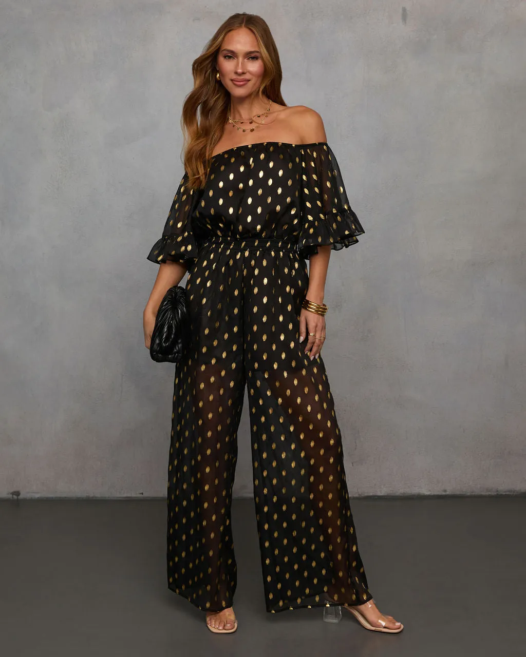 Heartfelt Chiffon Off Shoulder Jumpsuit sold by Vici
