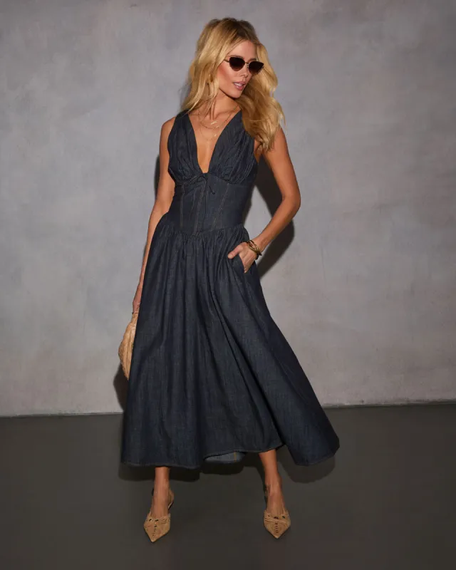 Cherri Fit And Flare Denim Midi Dress sold by Vici