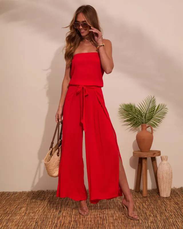Coasting By Strapless Waist Tie Jumpsuit sold by Vici