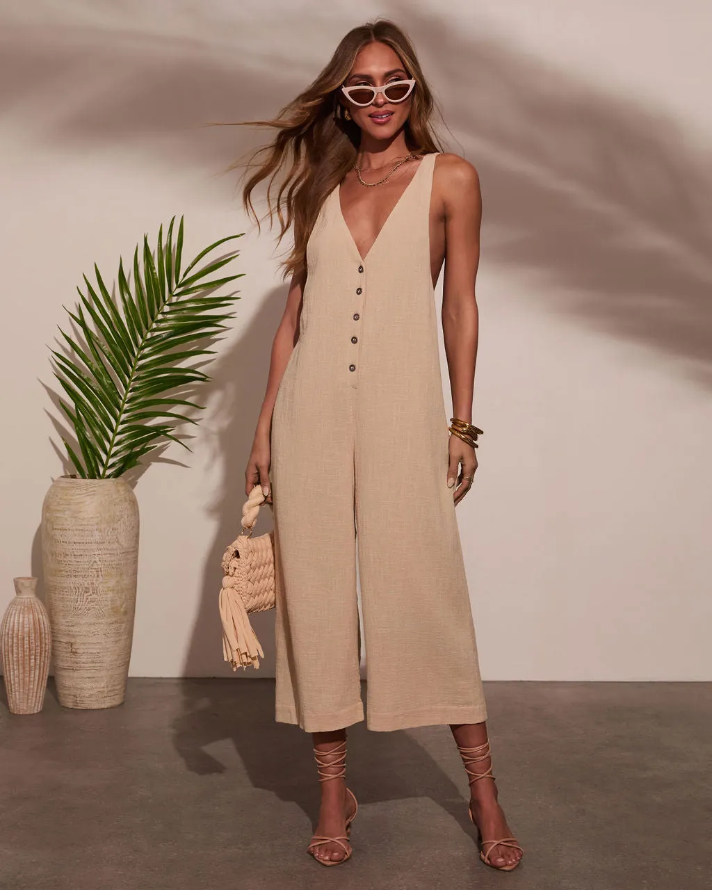 Dune Dreams Gauze Button Down Jumpsuit sold by Vici
