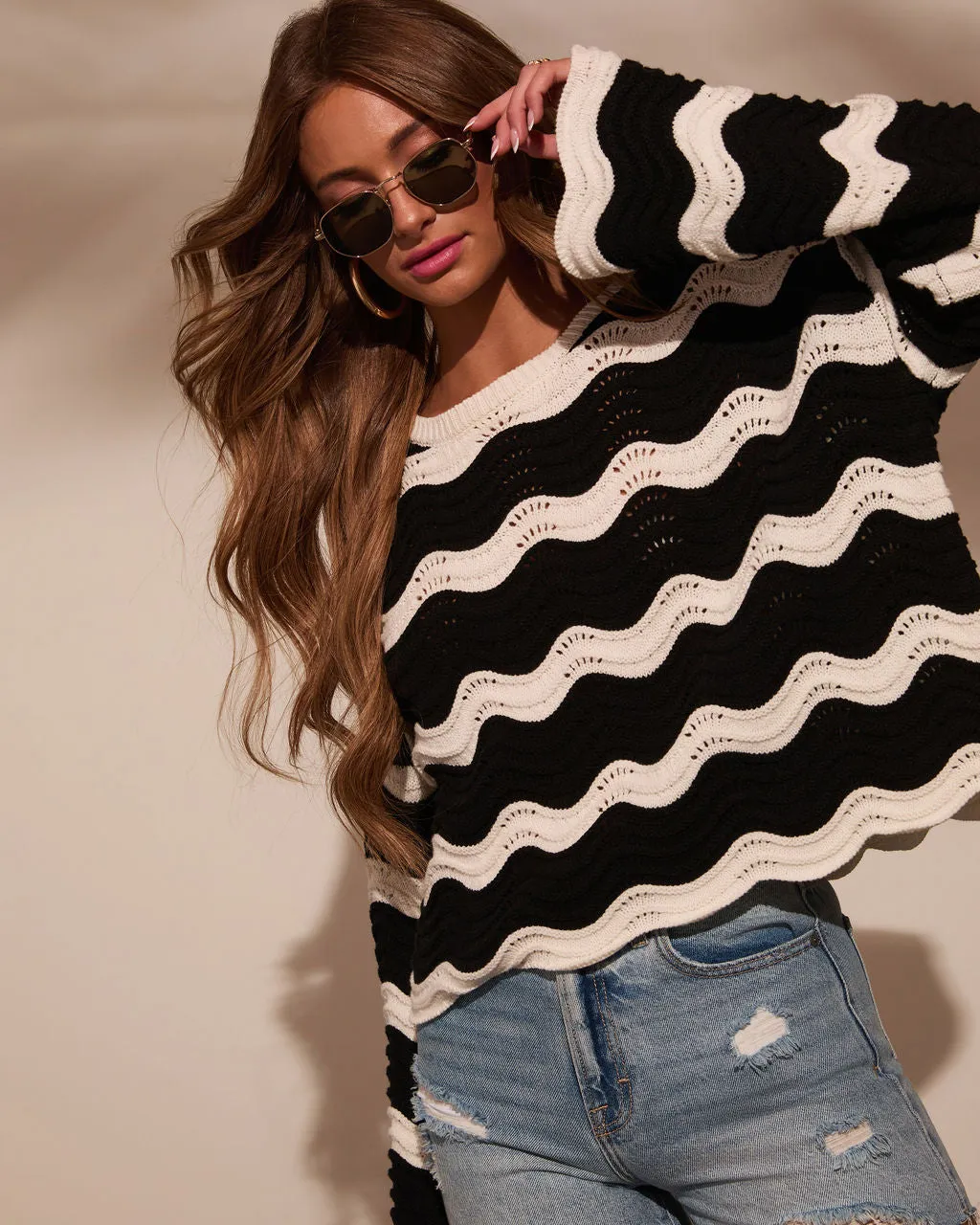 Janerio Wavy Striped Crochet Sweater sold by Vici