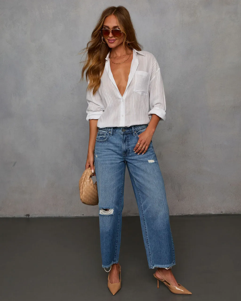 Olsen Rigid Distressed Barrel Jeans sold by Vici