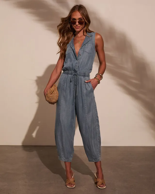 Hollie Drawstring Denim Jumpsuit sold by Vici