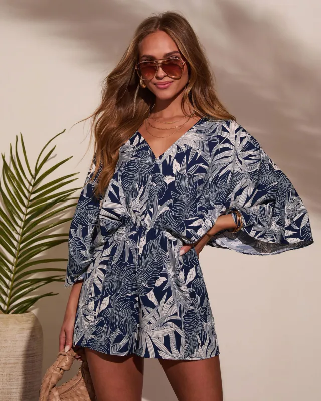 Leliah Kimono Sleeve Tropical Print Romper sold by Vici