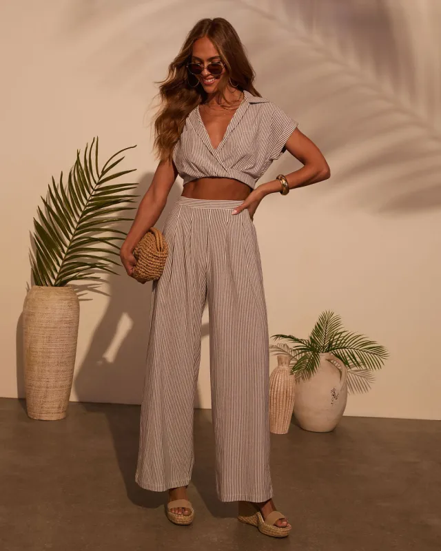 Weekend Trip Pinstripe Wide Leg Pants sold by Vici