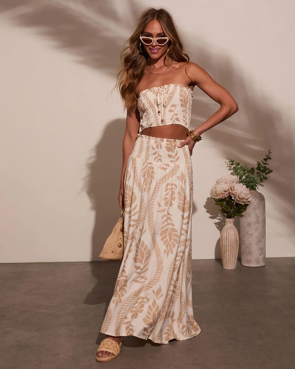 Coastal Views Smocked Strapless Crop Top sold by Vici