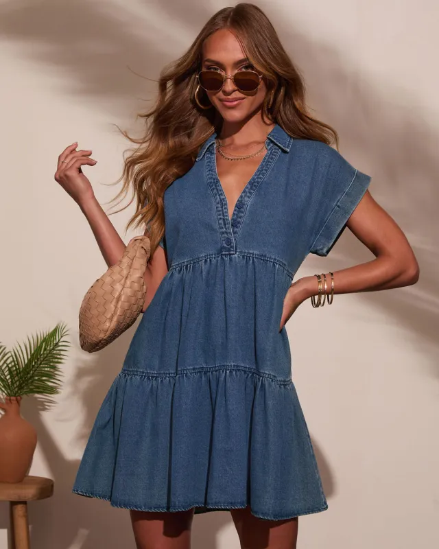 Dawson Tiered Chambray Mini Dress sold by Vici