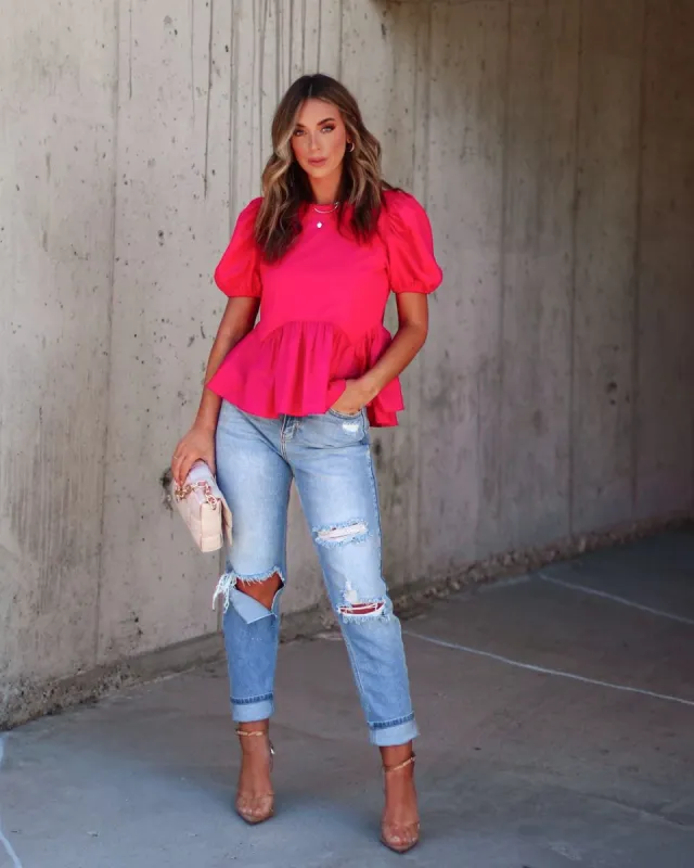 Kaisley Puff Sleeve Peplum Top - Hot Pink - FINAL SALE sold by Vici