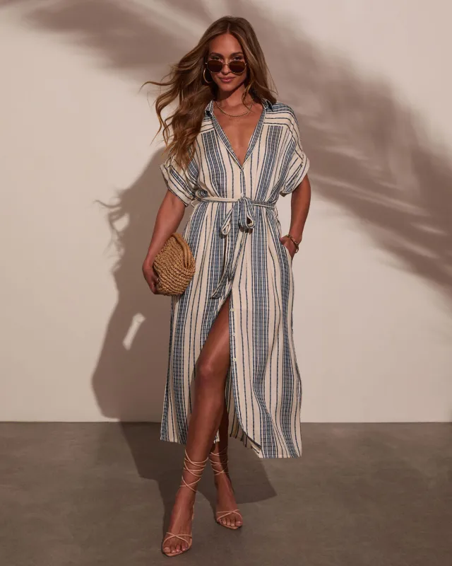 Falling Sun Striped Midi Shirt Dress sold by Vici