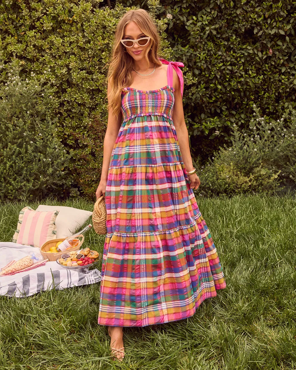 Izie Plaid Tiered Maxi Dress sold by Vici