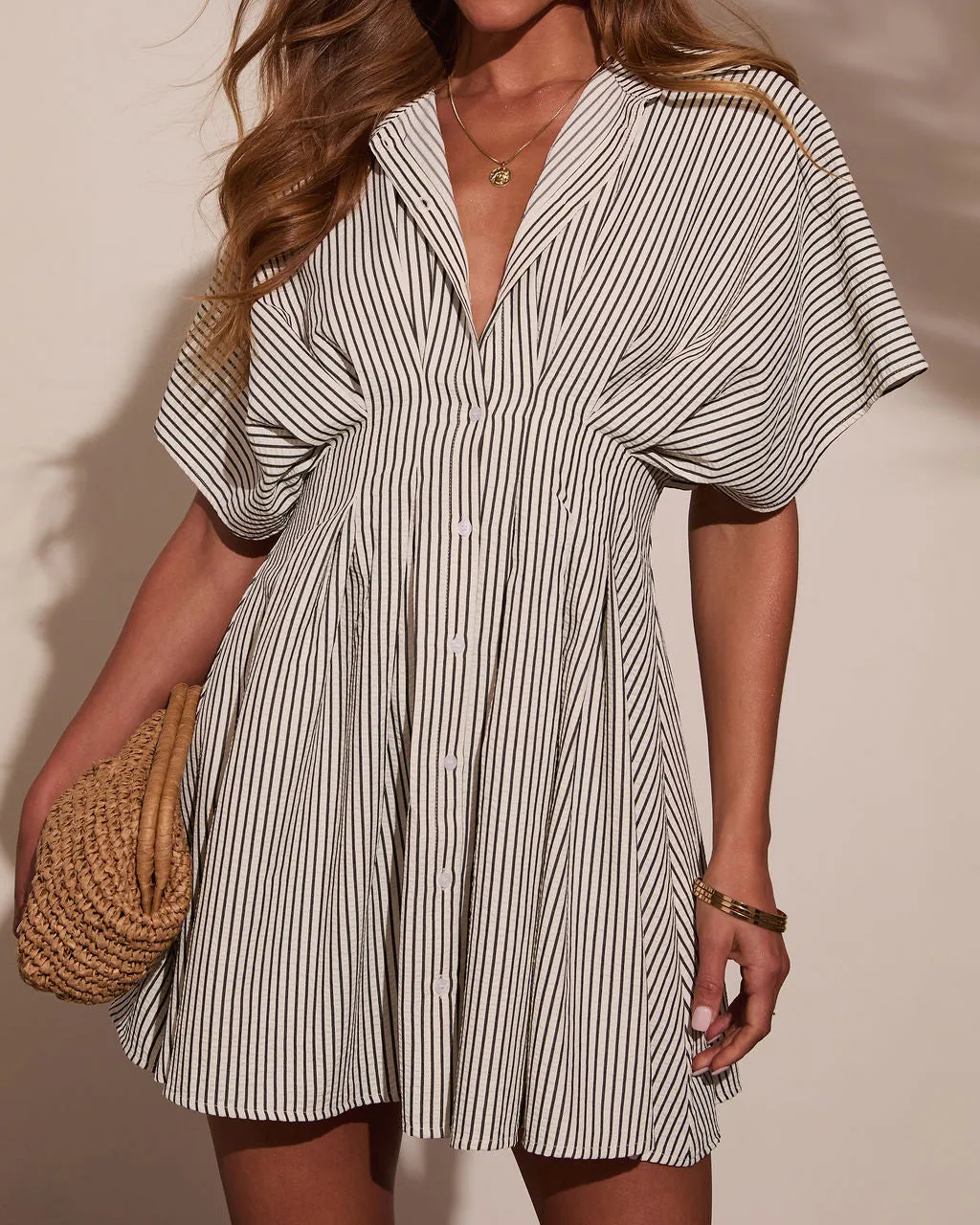 Annabelle Striped Mini Shirt Dress sold by Vici